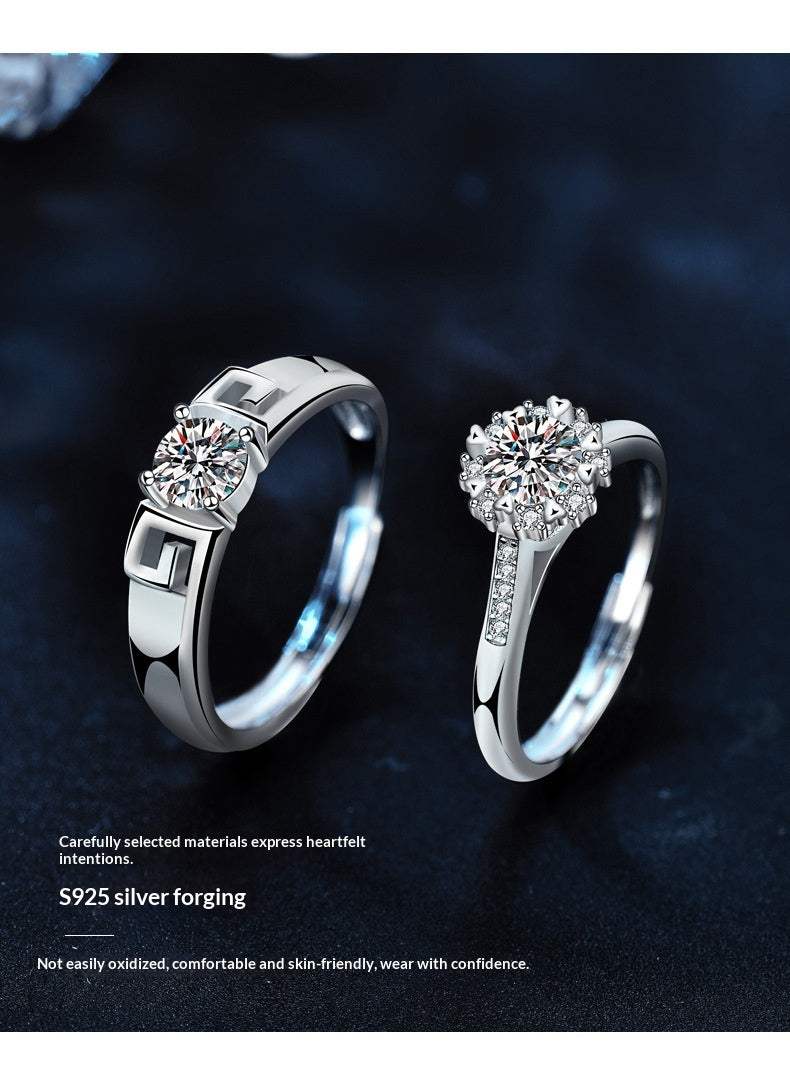 Two silver rings displayed on a dark textured background, one with a geometric side detail and the other with a pavé band, both featuring round clear gemstones. Text at the bottom reads 'S925 silver forging'.