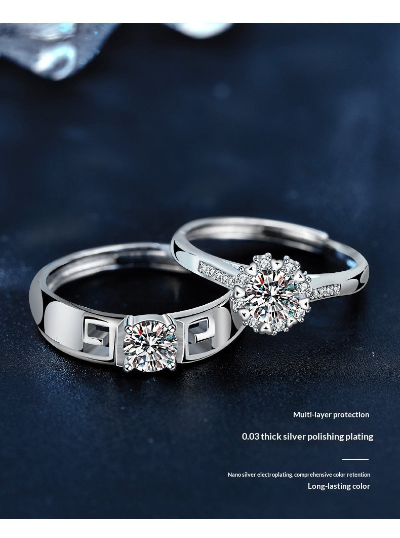Two silver rings with round-cut clear gemstones, displayed on a dark textured background with product feature text in the lower right.