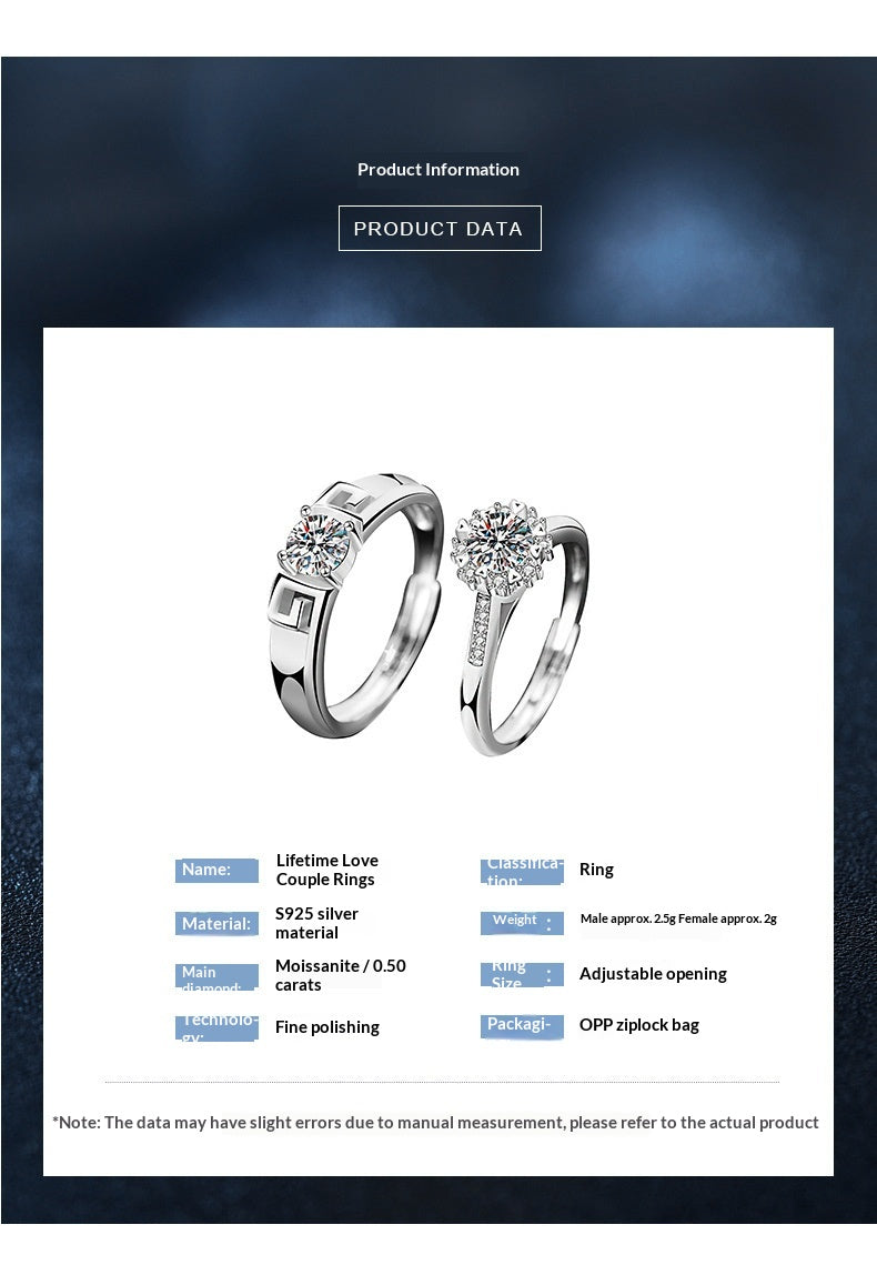 Product information card for a silver couple's ring set, showing two silver rings with clear gemstones on a white background with specifications listed below.