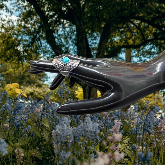 Southwestern Shield Turquoise Silver Tone Etched Ring