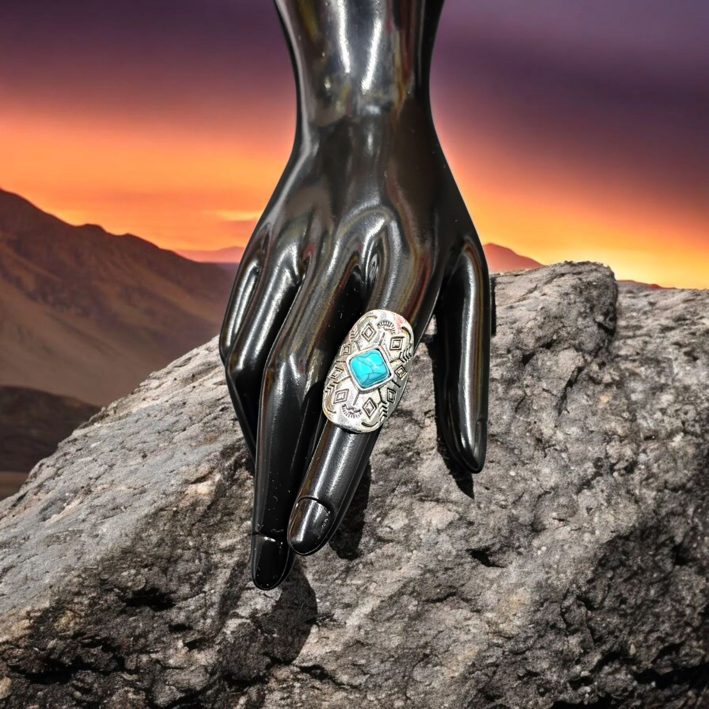 Southwestern Shield Turquoise Silver Tone Etched Ring