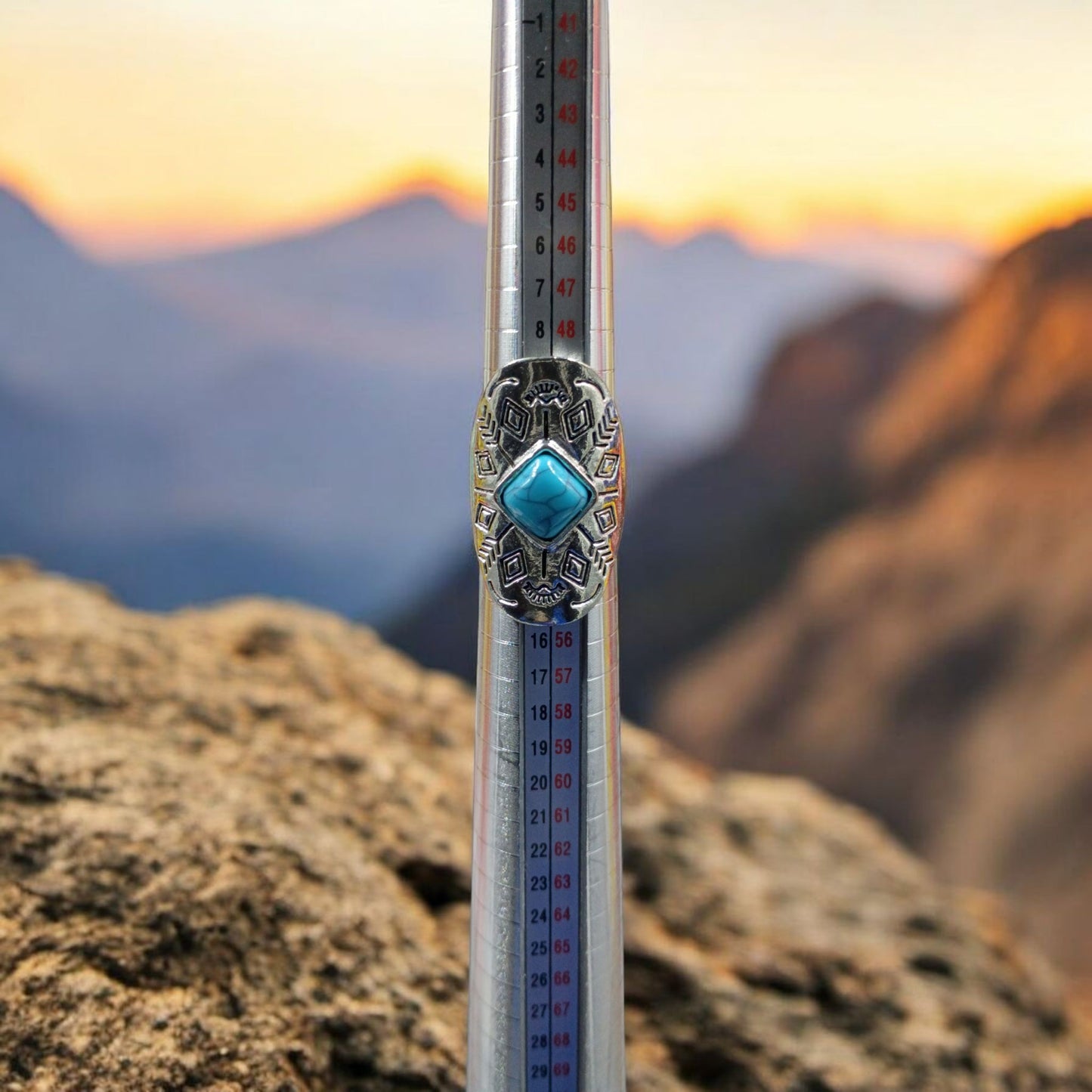 Southwestern Shield Turquoise Silver Tone Etched Ring