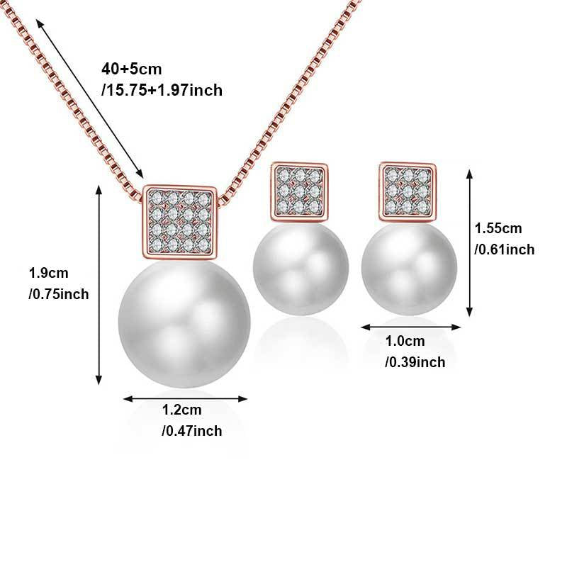 Jewelry set with pearls and rose gold accents, including necklace and earrings, with measurements indicated.