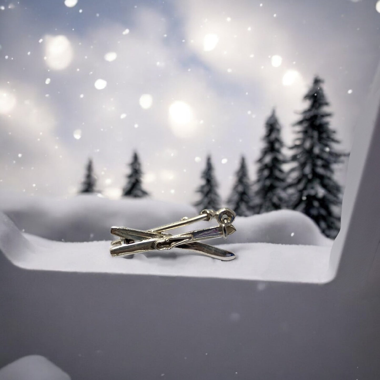 Vintage 3D Silver Ski Poles and Skis Charm