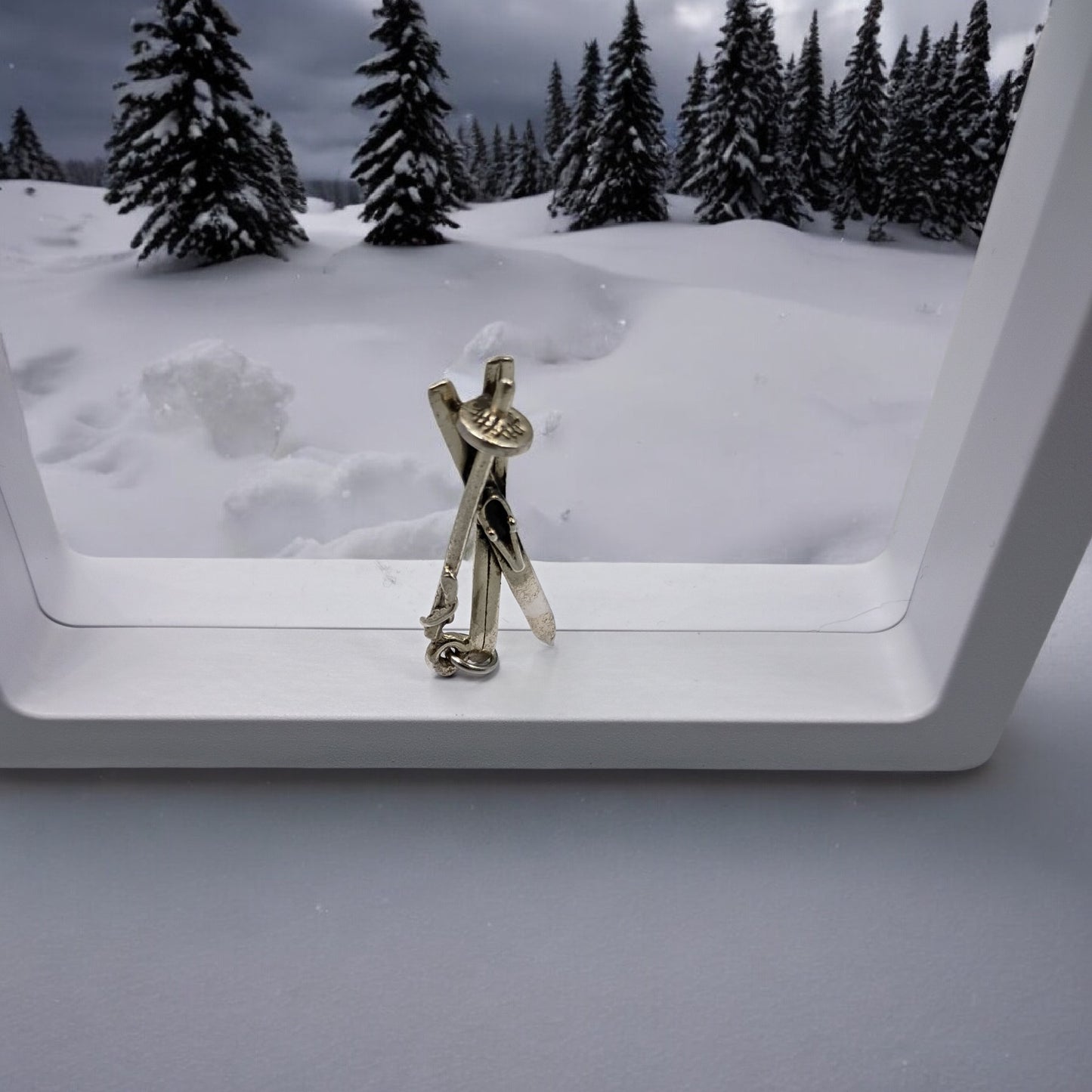 Vintage 3D Silver Ski Poles and Skis Charm